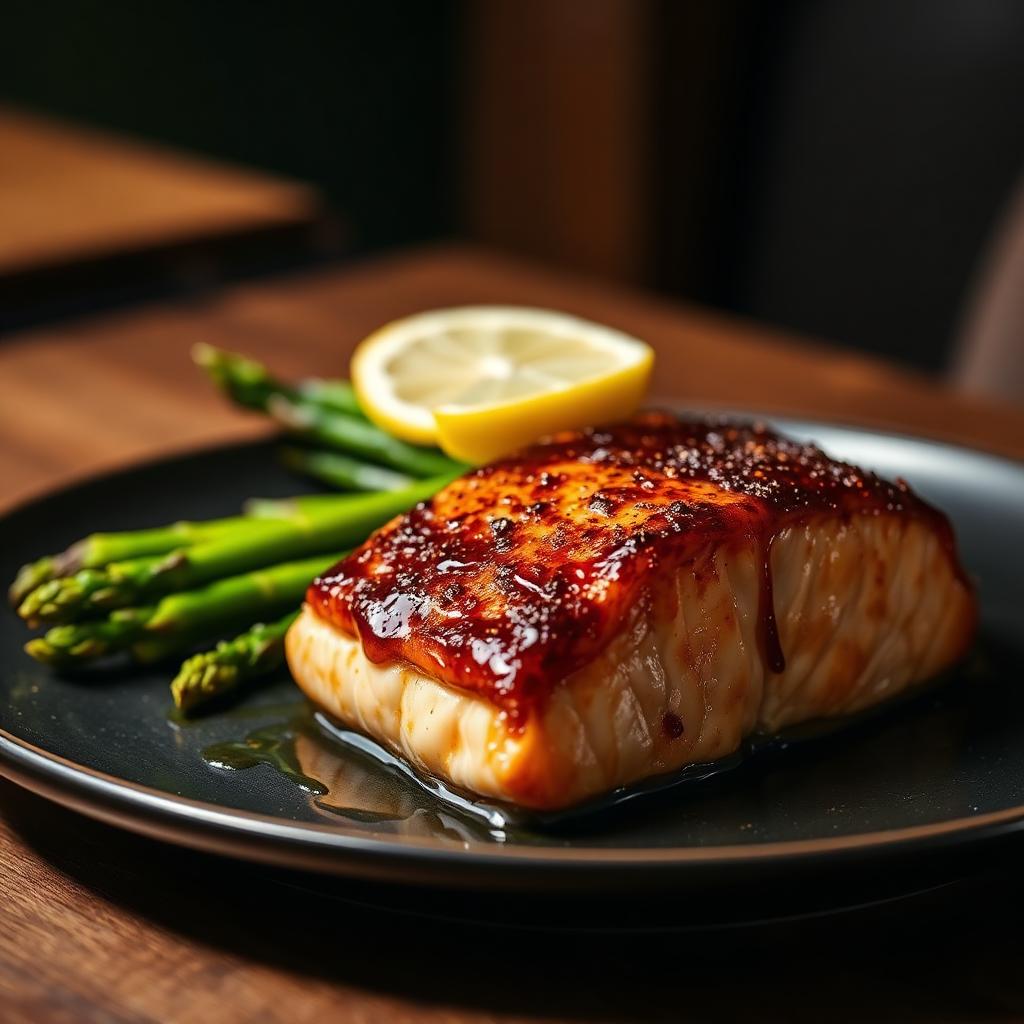 Honey dijon glazed salmon with asparagus and lemon